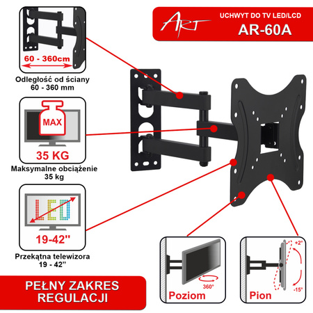 UCHWYT DO TV LED/LCD 19-42" 35KG AR-60A ART reg. pion/poziom