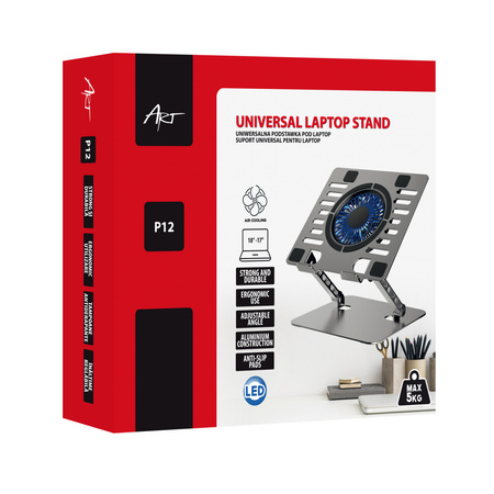 Podstawka pod laptop ART P12 alu.13/24/23cm reg.wys+kąta+wen+LED
