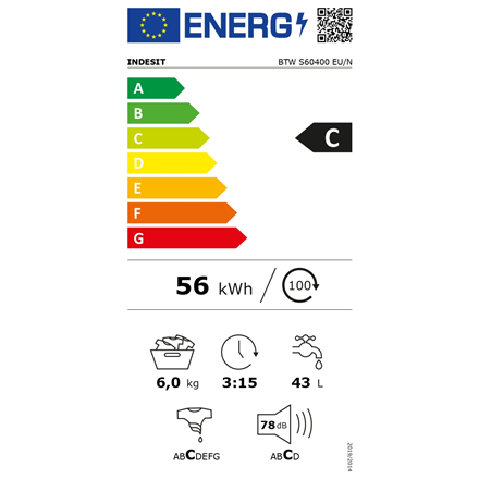 INDESIT Washing machine BTW S60400 EU/N Energy efficiency class C Top loading Washing capacity 6 kg 951 RPM Depth 60 cm Width 40 cm White