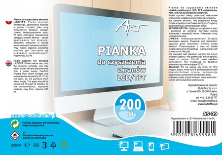 PIANKA CZYSZCZĄCA DO EKRANÓW LCD/TFT 200ml AS-09 ART