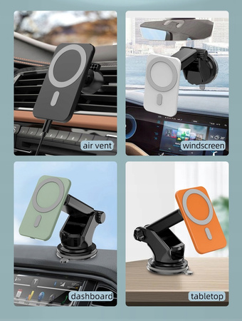 BEZPRZEWODOWA ŁADOWARKA SAMOCHODOWA UCHWYT MAGNETYCZN NA KRATKĘ IPHONE 15W