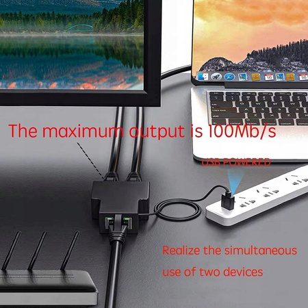 SPLITTER LAN 1x2 ADAPTER ROZGAŁĘŹNIK RJ45 100 Mbps
