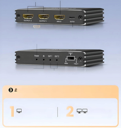 SPLITTER HDMI 2.1 1x2 ROZDZIELACZ ULTRAHD HDCP 2.3 8K60HZ 4K 120HZ - 2 TV