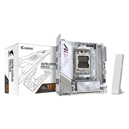 Gigabyte X870I AORUS PRO ICE | Processor family AMD | Processor socket AM5 | DDR5 SDRAM | Supported hard disk drive interfaces M.2, SATA | Number of SATA connectors 2