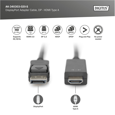 Digitus Adapter Cable, DP - HDMI type A | DisplayPort to HDMI | 2 m