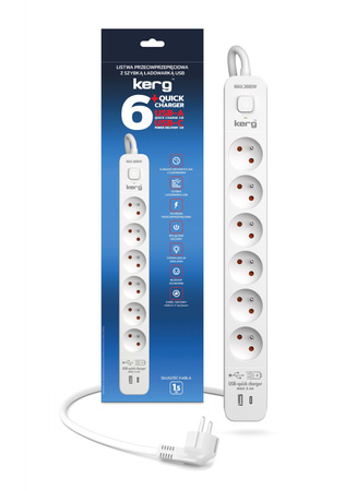 Urządz. zas.-zabezpiecz. KERG z wyłącznikiem-6 gniazd-USBC+USBA-biało-szary-3m-16A-H05VV-F-3x1,5mm2