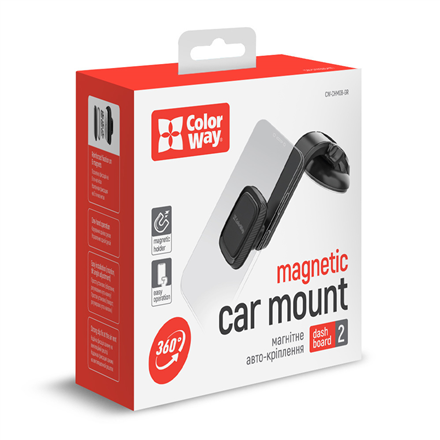 ColorWay Magnetic Car Holder For Smartphone Dashboard-2 Magnetic Gray Panel or windshield mounting using a suction cup with a gel adhesive base. Fixing the smartphone with a plate that is glued to the case or to the back panel. Compact design, does not ta