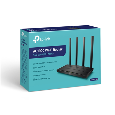 TP-LINK AC1900 Wireless MU-MIMO Wi-Fi 5 Router Archer C80 802.11ac 1300+600 Mbit/s 10/100/100 Mbit/s Ethernet LAN (RJ-45) ports 4 Mesh Support No MU-MiMO Yes No mobile broadband Antenna type 4xFixed