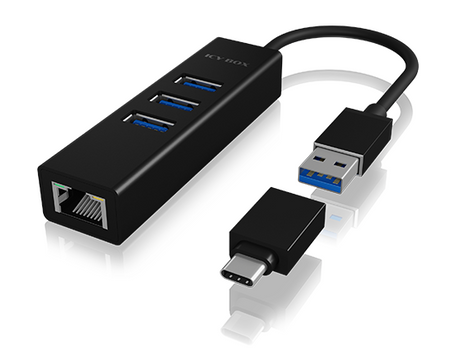 Raidsonic 4 Port Hub with USB 3.0 Type-A, Type-C, Gigabit LAN Icy Box IB-HUB1419-LAN