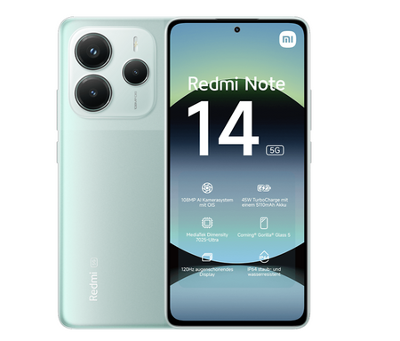 Xiaomi Redmi | Note 14 | Coral Green | 6.67 " | AMOLED | 1080 x 2400 pixels | Mediatek | Dimensity | Internal RAM 8 GB | 256 GB | Dual SIM | 5G | Main camera resolution 50+8+2 MP | Secondary camera resolution 20 MP | Android | 14