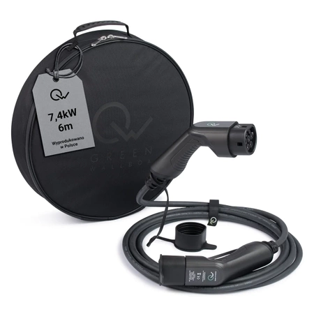 Zielony kabel Wallbox EV typu 2 7,4kW 6 metrów w miękkim pokrowcu 