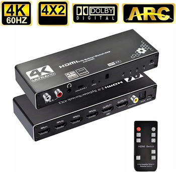 SPLITTER SWITCH HDMI 2.0 4x2 PRZEŁĄCZNIK 4 WEJŚĆ 2 WYJŚĆ ARC CINCH OPTYCZNE