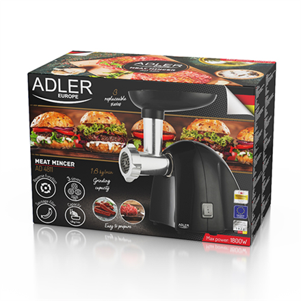 Adler Meat mincer AD 4811 Black 600 W Number of speeds 1 Throughput (kg/min) 1.8 3 replaceable sieves: 3mm for grinding poppies and preparing meat and vegetable stuffing; 5mm for meatballs, Roman roast and beef burgers; 7mm for coarsely ground sausages,