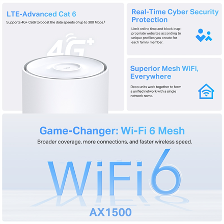 TP-LINK Deco X10-4G(1-pack) 4G+ AX1500 Whole Home Mesh Wi-Fi 6 Router | TP-LINK 4G+ AX1500 Whole Home Mesh Wi-Fi 6 Router | Deco X10-4G (1-pack) | 802.11ax | 1201 Mbit/s | Mesh Support No | MU-MiMO No | No mobile broadband