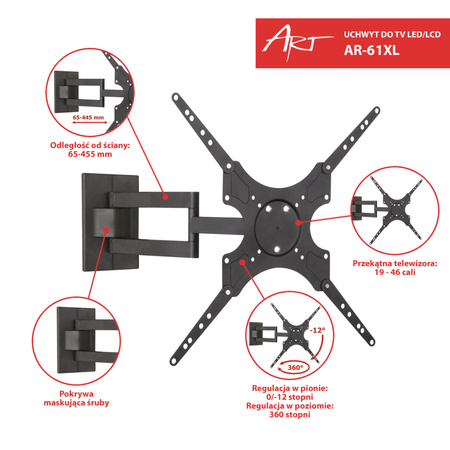 UCHWYT DO TV LCD/LED 19-46" 25KG AR-61XL ART reg. pion/poziom