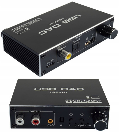 KONWERTER AUDIO USB DAC TOSLINK COAXIAL CINCH AUX WZMACNIACZ REGULACJA BASS