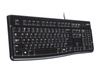 Logitech K120, US Standard Wired • Virtually silent, low-profile keys• Industry standard layout with full-size F-keys and number pad• Sleek, thin profile keyboard with a spill-resistant design*• Plug-and-play USB connection• Bold, bright white characters 