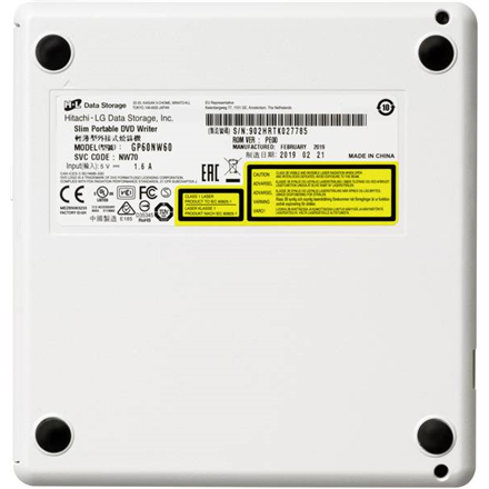 H.L Data Storage Ultra Slim Portable DVD-Writer GP60NW60 Interface USB 2.0 DVD±R/RW CD read speed 24 x CD write speed 24 x White Desktop/Notebook