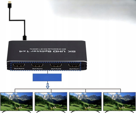 SPLITTER HDMI 2.1 1x4 ROZDZIELACZ ULTRAHD HDCP 2.3 8K60HZ 4K 120HZ - 4 TV