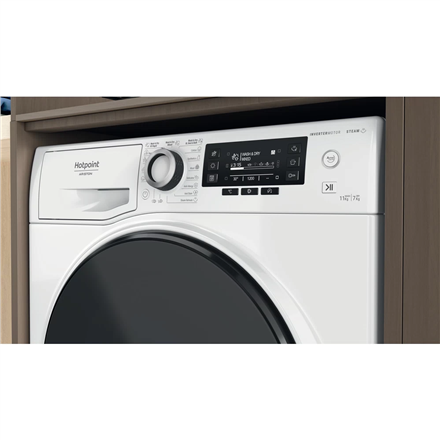 Hotpoint Washing Machine With Dryer NDD 11725 DA EE Energy efficiency class E Front loading Washing capacity 11 kg 1551 RPM Depth 61 cm Width 60 cm Display LCD Drying system Drying capacity 7 kg Steam function White