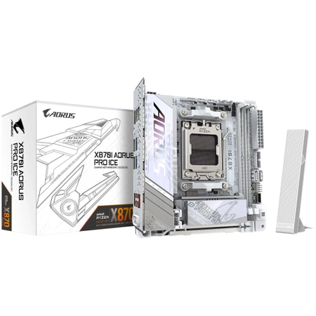 Gigabyte X870I AORUS PRO ICE | Processor family AMD | Processor socket AM5 | DDR5 SDRAM | Supported hard disk drive interfaces M.2, SATA | Number of SATA connectors 2