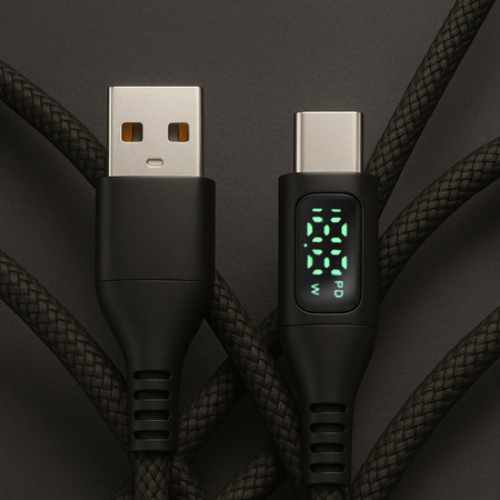 KABEL USB-C/USB-A M-M 480Mbps 60W 2m ART czarny, oplot, wyświetlacz