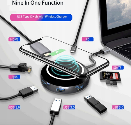 Ładowarka indukcja +adapter USB-C HUB 3.0 HDMI LAN