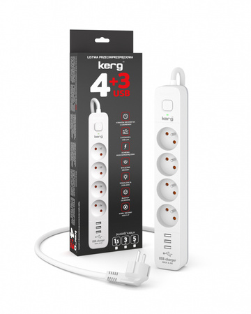 Urządz. zas.-zabezpiecz. KERG z wyłącznikiem-4 gniazda-3USB-biało-szary-3m-16A-H05VV-F-3x1,5mm