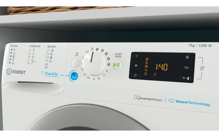 INDESIT Washing machine BWSE 71295X WSV EU Energy efficiency class B Front loading Washing capacity 7 kg 1200 RPM Depth 43.5 cm Width 59.5 cm Display Large digit White