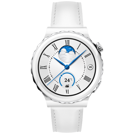 Huawei WATCH GT 3 Pro (43 mm) Smart watch, GPS (satellite), AMOLED, Touchscreen, Heart rate monitor, Activity monitoring 24/7, Waterproof, Bluetooth, White Ceramic Case with White Leather Strap, Frigga-B19V