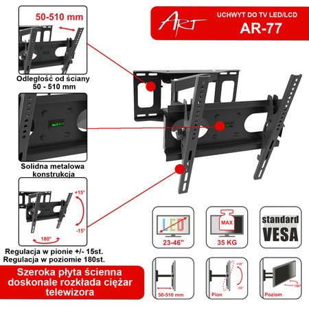 UCHWYT DO TV LED/LCD 23-46" 35KG AR-77 ART reg. pion/poziom 51cm