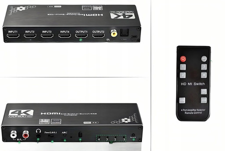 SPLITTER SWITCH HDMI 2.0 4x2 PRZEŁĄCZNIK 4 WEJŚĆ 2 WYJŚĆ ARC CINCH OPTYCZNE