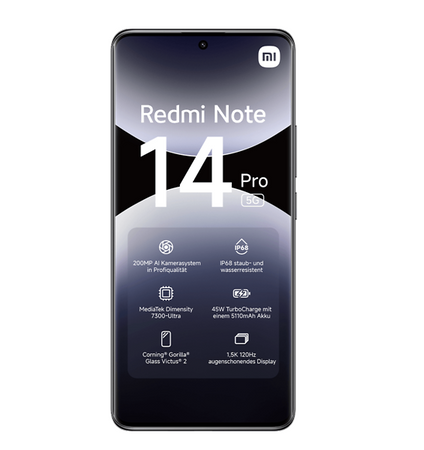Xiaomi Redmi | Note 14 Pro | Midnight Black | 6.67 " | AMOLED | 1220 x 2712 pixels | Mediatek | Internal RAM 8 GB | 256 GB | Dual SIM | 5G | Main camera resolution 50+8+2 MP | Secondary camera resolution 20 MP | Android | 14