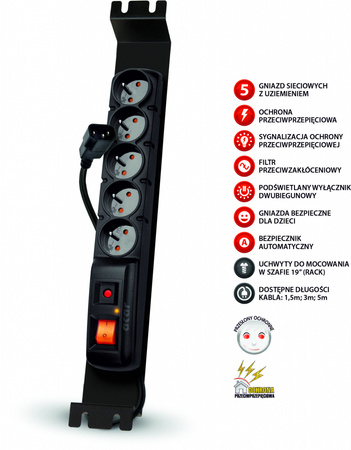 FILTR PRZECIWPRZEPIĘCIOWY ACAR F5 czarny RACK IEC 1,5m W1919