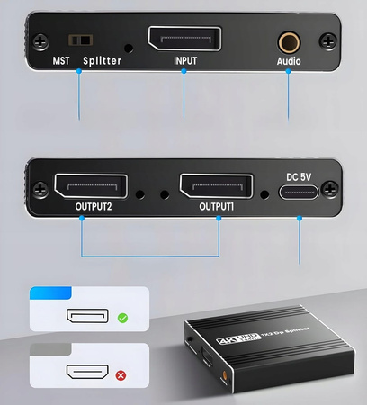 SPLITTER DISPLAYPORT 1X2 SPLITTER ROZDZIELACZ ROZGAŁĘŹNIK 4K 240HZ 144HZ