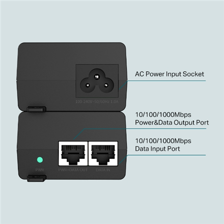 TP-LINK PoE+ Injector Adapter TL-POE160S 10/100/1000 Mbit/s Ethernet LAN (RJ-45) ports 1x10/100/1000Mbps RJ45 data-in port, 1x10/100/1000Mbps RJ45 power and data-out port