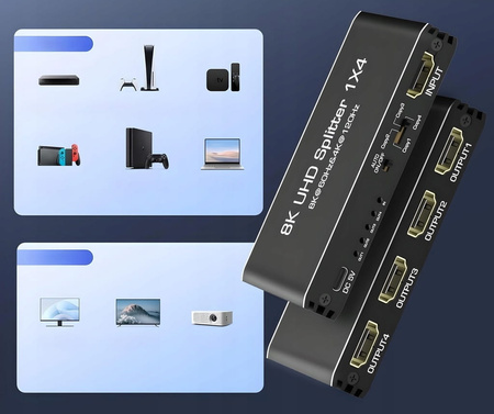 SPLITTER HDMI 2.1 1x4 ROZDZIELACZ ULTRAHD HDCP 2.3 8K60HZ 4K 120HZ - 4 TV