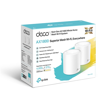 TP-LINK AX1800 Whole Home Mesh Wi-Fi 6 System Deco X20 (2-pack) 802.11ax 1201+574 Mbit/s 10/100/1000 Mbit/s Ethernet LAN (RJ-45) ports 2 Mesh Support Yes MU-MiMO Yes No mobile broadband Antenna type 4xInternal per Deco uni