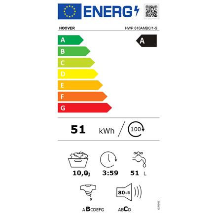 Hoover Washing Machine HWP610AMBC/1-S Energy efficiency class A Front loading Washing capacity 10 kg 1600 RPM Depth 59 cm Width 60 cm Display LCD Steam function Wi-Fi White