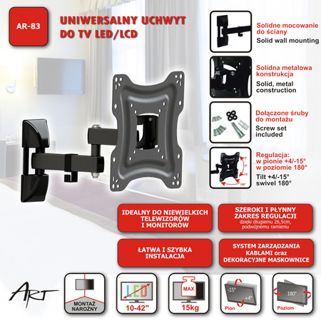 UCHWYT DO TV LCD/LED 10-42" 15KG AR-83  ART reg.pion/poziom 26,5cm