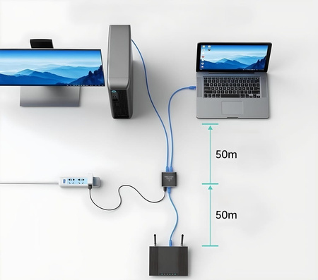 SPLITTER LAN 1x4 ADAPTER ROZDZIELACZ SWITCH 2xRJ45 ETHERNET 1000Mb GIGABIT