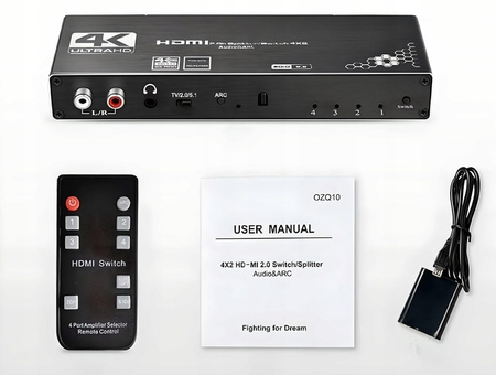 SPLITTER SWITCH HDMI 2.0 4x2 PRZEŁĄCZNIK 4 WEJŚĆ 2 WYJŚĆ ARC CINCH OPTYCZNE