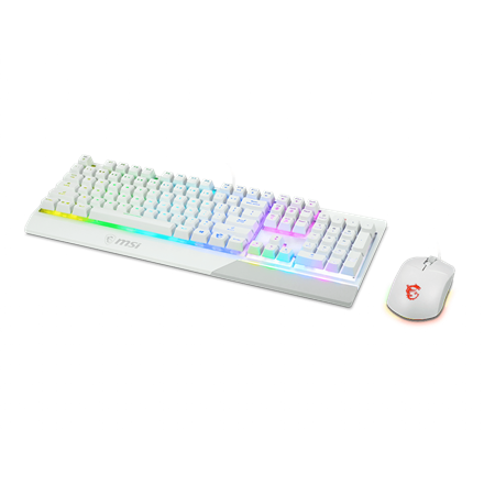 MSI Vigor GK30 COMBO WHITE Keyboard and Mouse Set Wired Mouse included Keyboard stunning RGB lighting effects in 6 areas. CLUTCH GM11 gaming mouse Stunning RGB lighting with over 7 lighting effects. 5-level DPI sensor matches with 5 different colors US Wh
