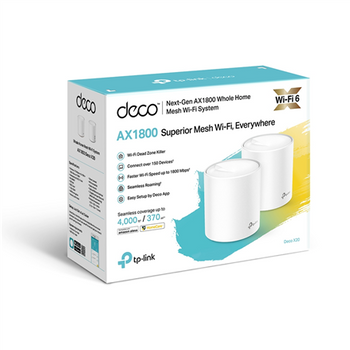 TP-LINK AX1800 Whole Home Mesh Wi-Fi 6 System Deco X20 (2-pack) 802.11ax 1201+574 Mbit/s 10/100/1000 Mbit/s Ethernet LAN (RJ-45) ports 2 Mesh Support Yes MU-MiMO Yes No mobile broadband Antenna type 4xInternal per Deco uni