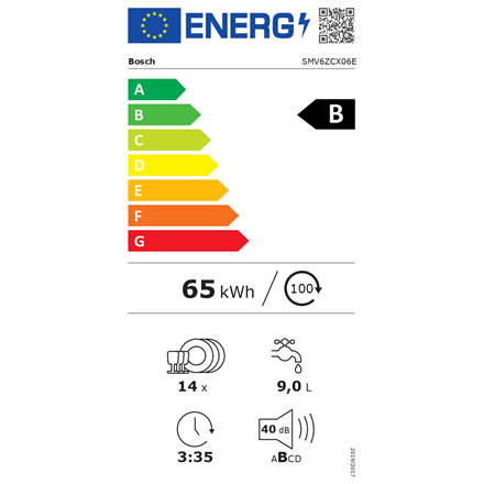 Bosch | SMV6ZCX06E | Built-in | Width 60 cm | Number of place settings 14 | Number of programs 8 | Energy efficiency class B | Display | AquaStop function | White