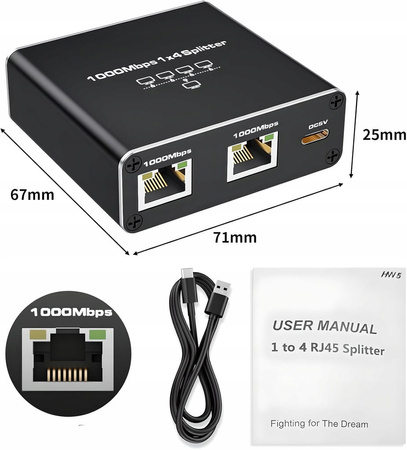 SPLITTER LAN 1x4 ADAPTER ROZDZIELACZ SWITCH 2xRJ45 ETHERNET 1000Mb GIGABIT