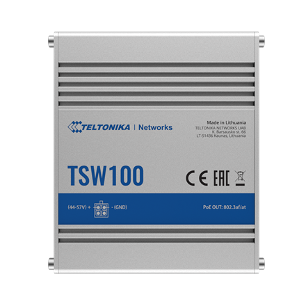 Teltonika Industiral POE+ Swith TSW100 PoE 802.3 af and PoE 802.3 at, Unmanaged, Desktop, 1 Gbps (RJ-45) ports quantity 5, PoE+ ports quantity 4