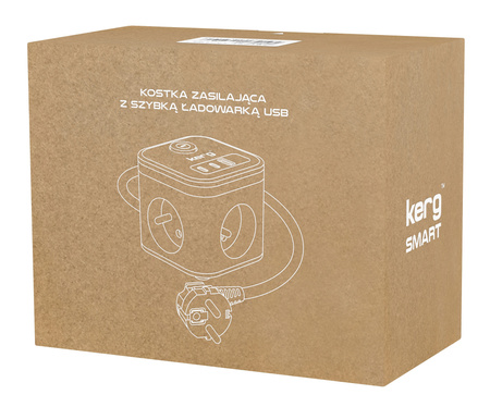 Kostka zasilająca 3-gniazdowa + szybka ładowarka USB-A+USB-C 1,5m 3×1,5mm2 H05VV-F 16A/250V~ KERG Smart czarna