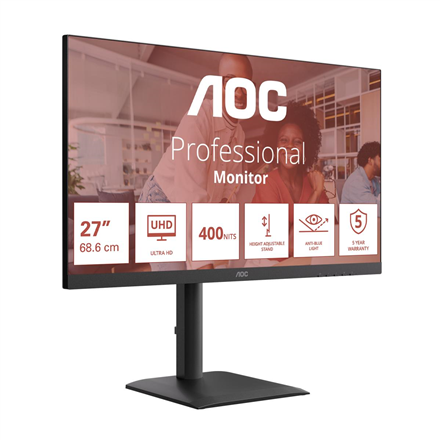 AOC U27E4CV | 27 " | IPS | UHD | 16:9 | 60 Hz | 4 ms | 3840 x 2160 pixels | 400 cd/m² | HDMI ports quantity 2 | Black
