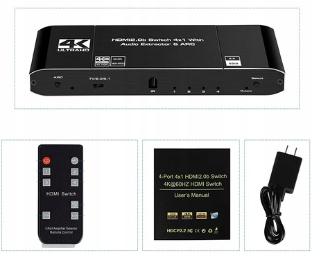 SWITCH HDMI 2.0 4x1 ROZDZIELAC EKSTRAKTOR AUDIO 4K